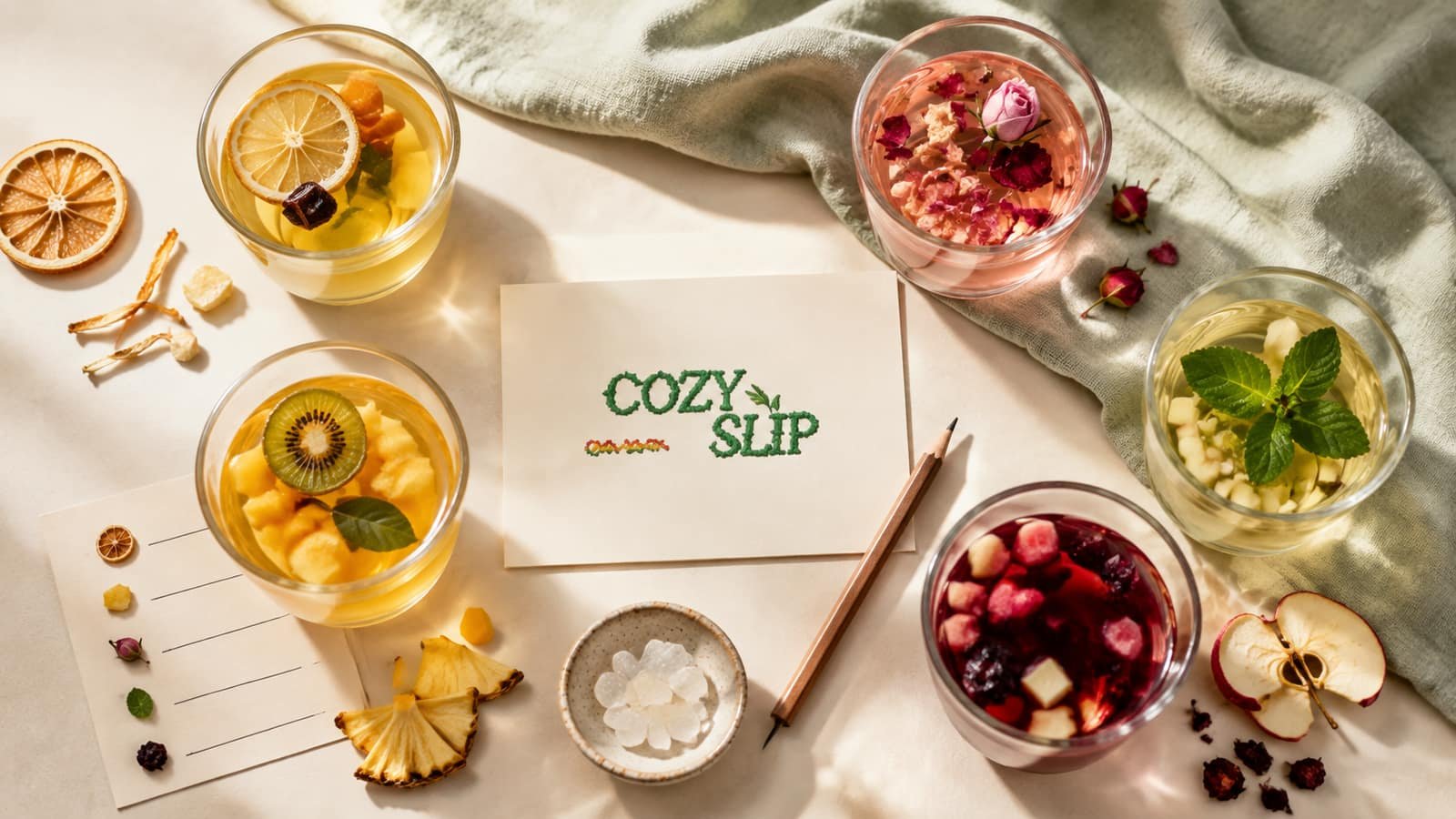 Overhead fruit tea flavor comparison with five colorful glasses, tasting notes and rock sugar
