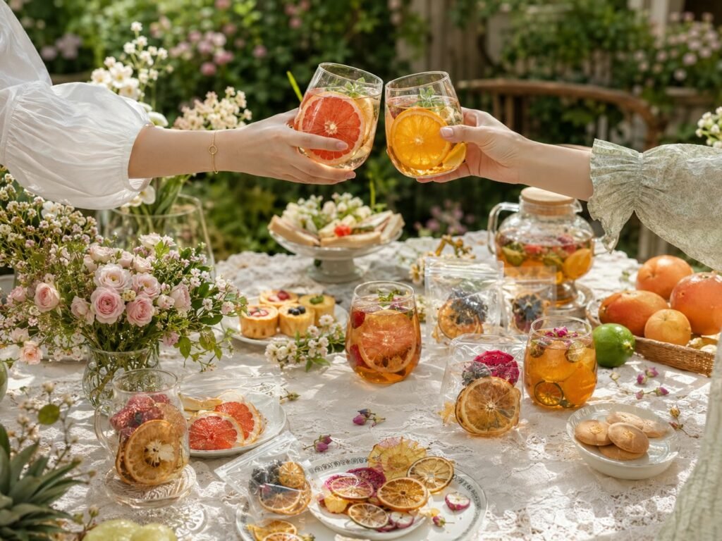 Colorful fruit tea drinks and servings arranged for a garden celebration