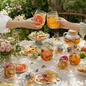 Colorful fruit tea drinks and individual servings arranged for a garden celebration