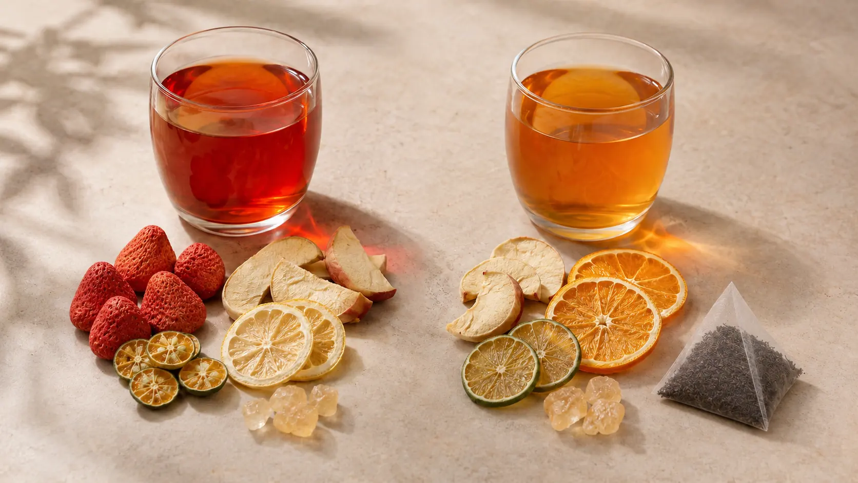 Fruit tea ingredient groups with dried fruit, botanicals, black tea and rock sugar beside a brewed glass