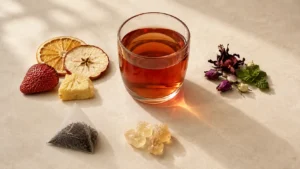 Fruit tea ingredient groups with dried fruit, botanicals, black tea and rock sugar beside a brewed glass