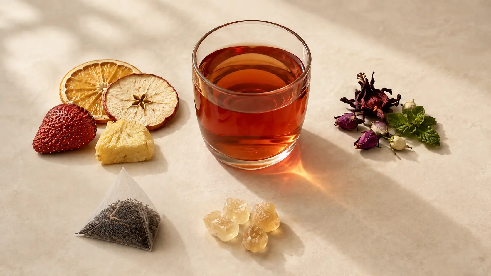 Fruit tea ingredient groups with dried fruit, botanicals, black tea and rock sugar beside a brewed glass
