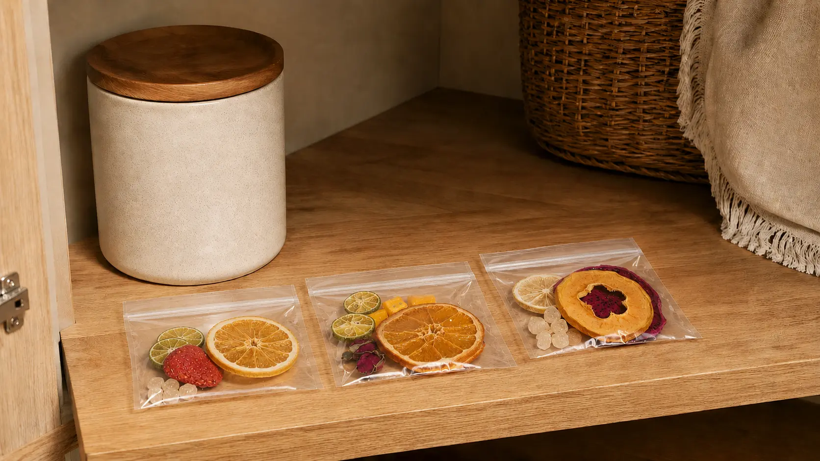 Sealed fruit tea servings and a closed food-safe container on a dry pantry shelf