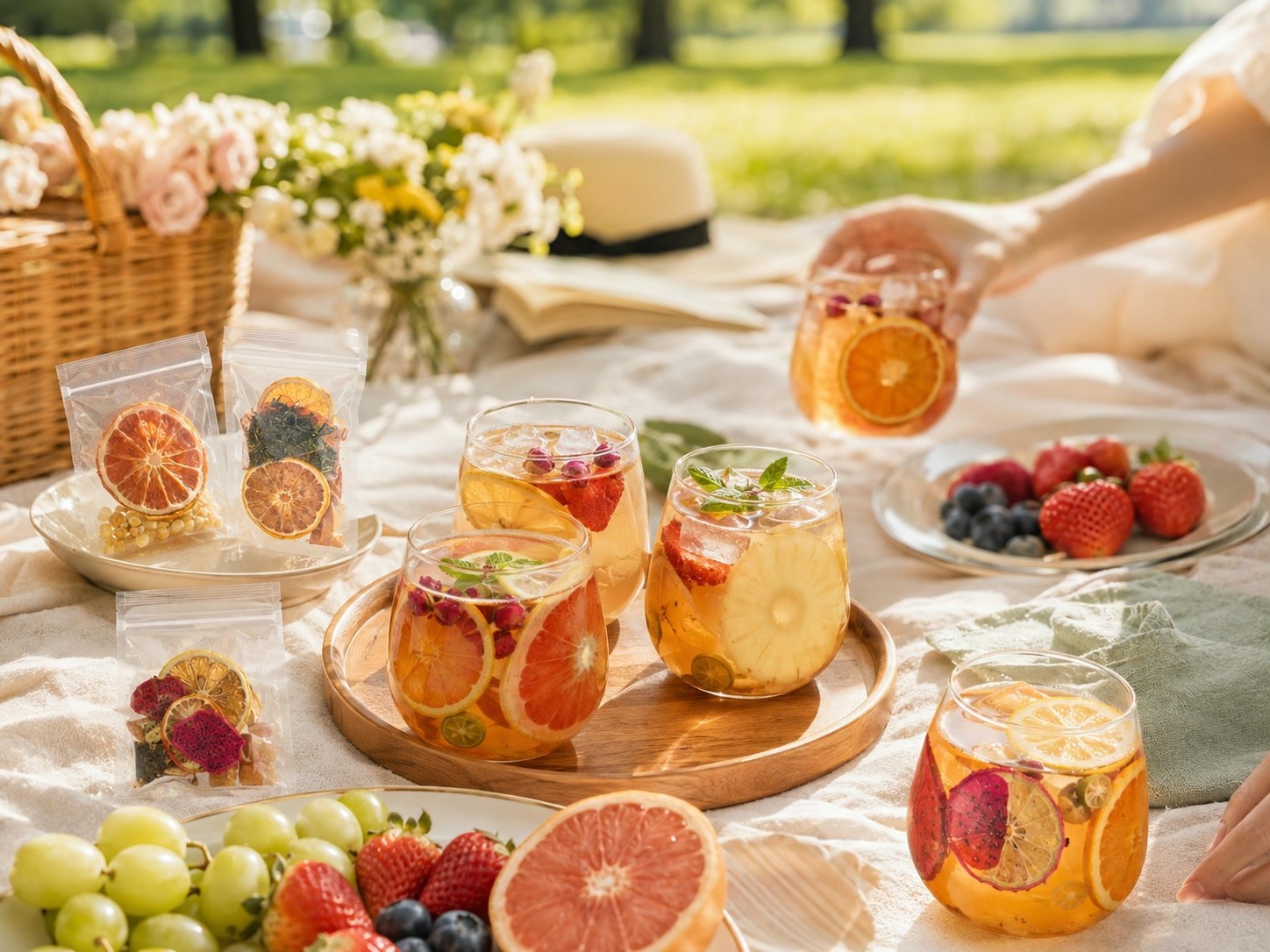 Colorful fruit tea drinks and individually packed servings arranged for a summer picnic