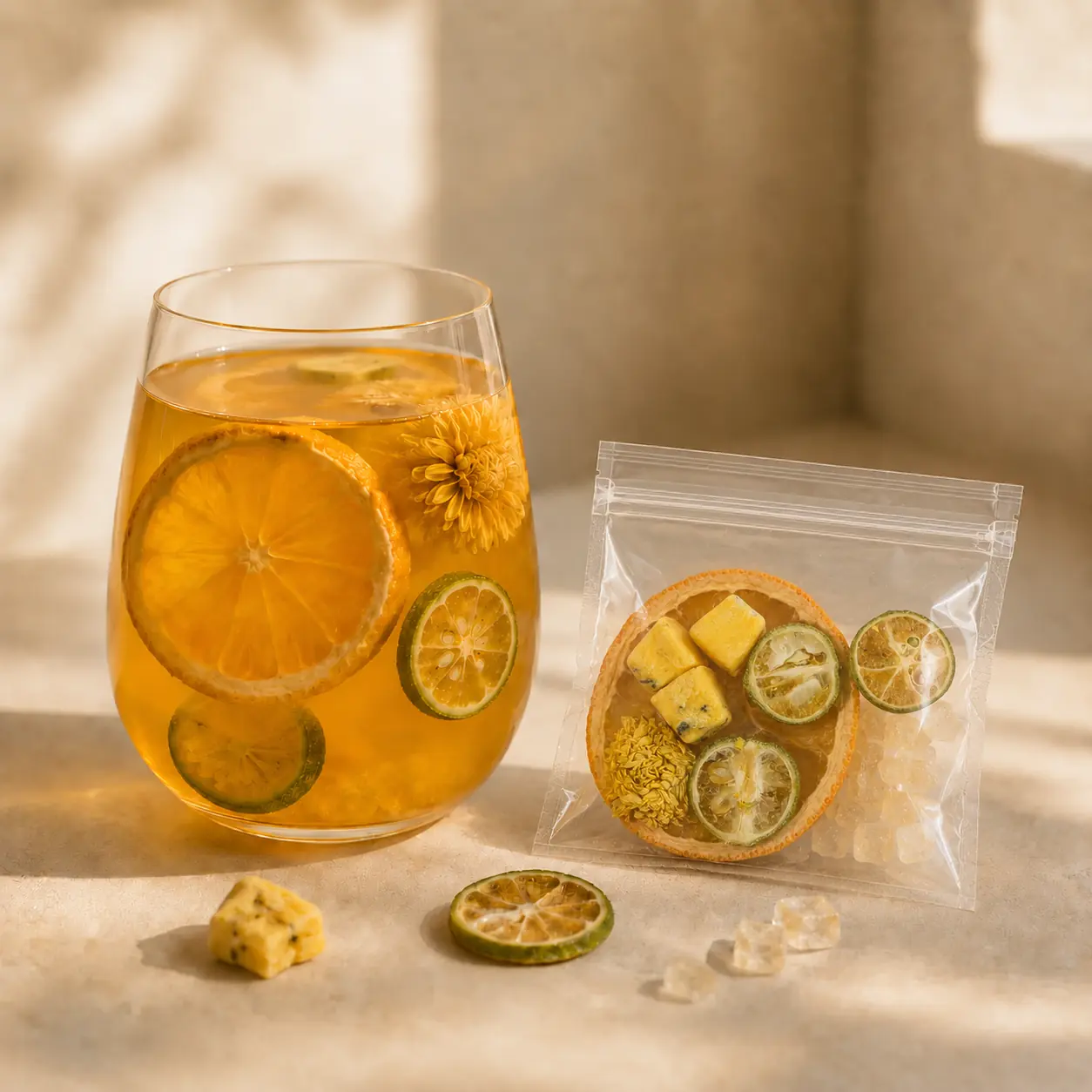 Chrysanthemum Orange Fruit Tea a brewed glass and transparent serving pouch arranged on a tray featuring orange slices, green-kumquat slices, one whole golden chrysanthemum and passion fruit in a golden infusion