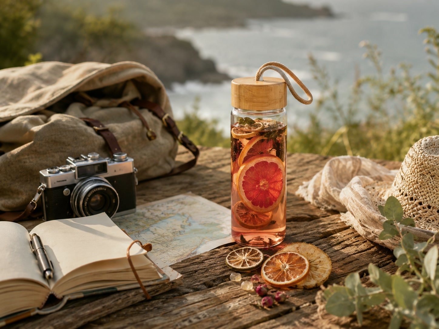 A clear fruit tea bottle beside the coast