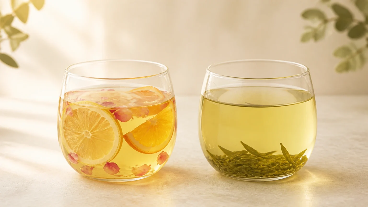 Two clear glass cups comparing a citrus-and-rose fruit infusion with brewed green tea