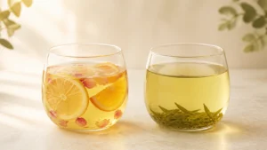 Two clear glass cups comparing a citrus-and-rose fruit infusion with brewed green tea