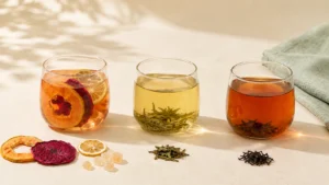 Illustrative comparison of Papaya Dragonfruit Glow fruit tea, green tea, and black tea with their ingredients.