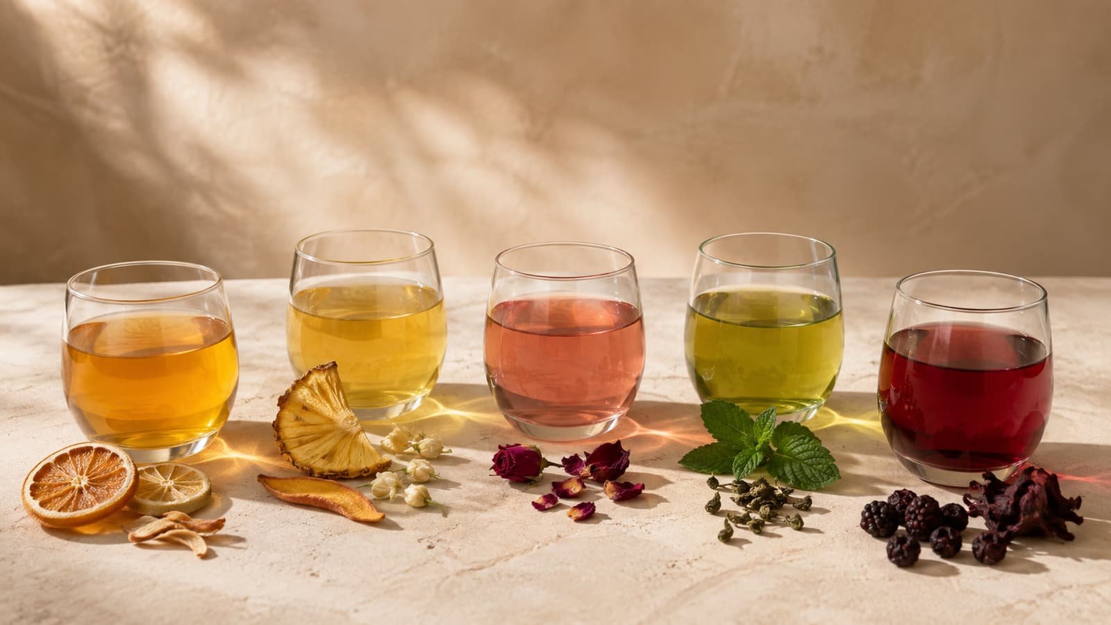 Five colorful fruit tea glasses representing citrus, tropical, floral, mint and berry flavor directions