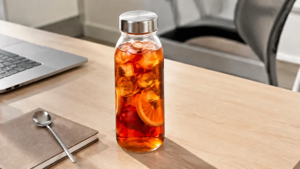 Iced fruit tea with an orange slice in a clear bottle on a sunlit office desk beside a laptop and notebook