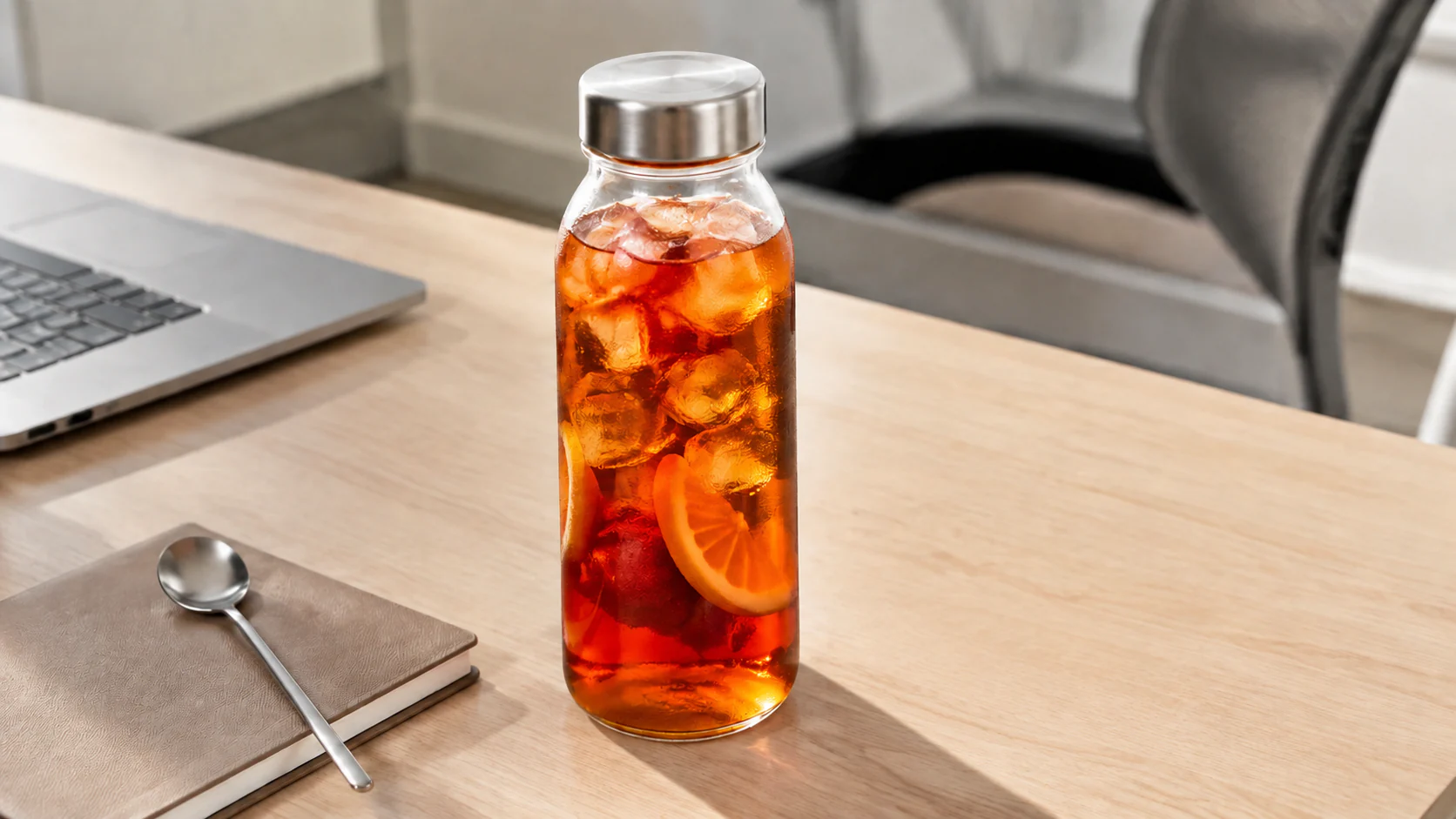 Iced fruit tea with an orange slice in a clear bottle on a sunlit office desk beside a laptop and notebook