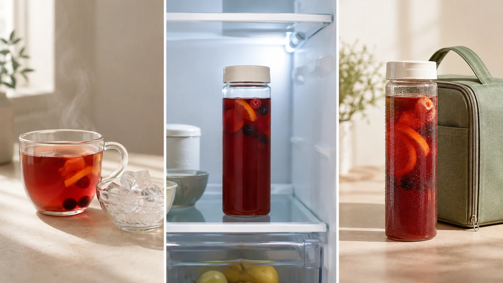 Three office fruit tea setups showing brew over ice, refrigerator cold brew, and a chilled commute bottle