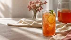 Sparkling alcohol-free tea mocktail with citrus, mint and ice in a clear glass