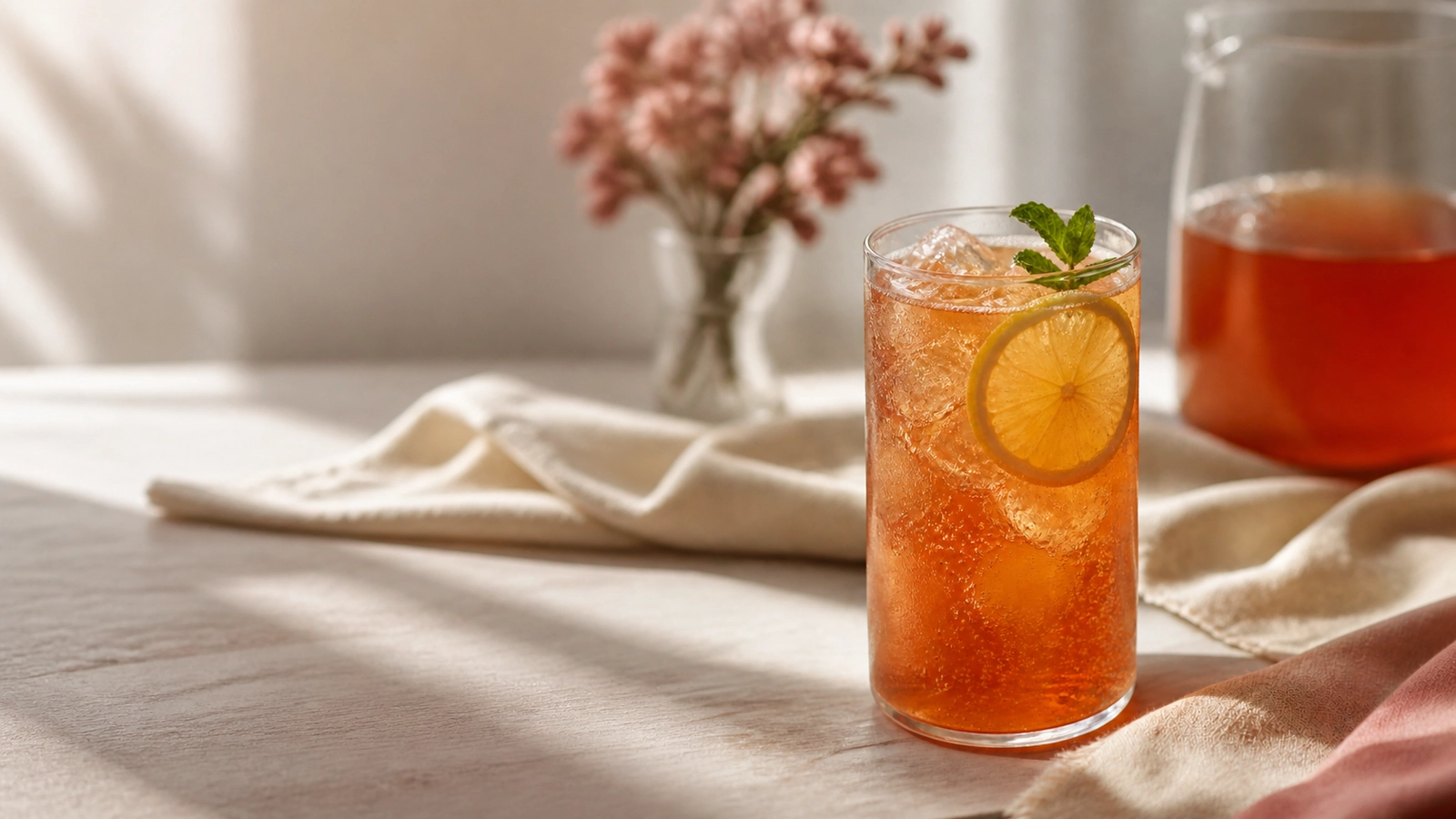 Sparkling alcohol-free tea mocktail with citrus, mint and ice in a clear glass