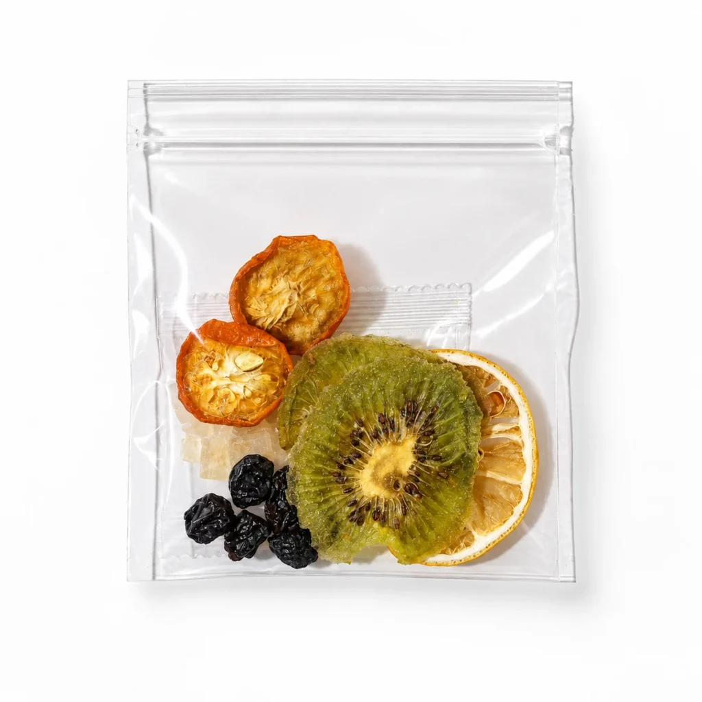 Lemon Black Currant Fruit Tea square transparent pouch showing lime, black currant, kiwi, kumquat and pale amber rock sugar