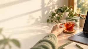 A hand reaching from a laptop toward a glass of fruit tea during an afternoon work break