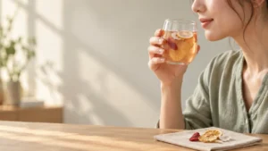 Person smelling fruit tea beside real dried strawberry, pineapple, coconut, lemon, and rock sugar