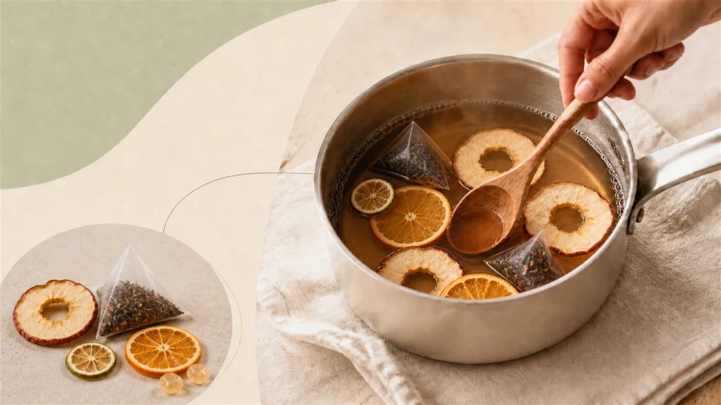 A small saucepan gently simmering fruit and spices beside a glass cup prepared by hot-water steeping