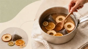 A small saucepan gently simmering fruit and spices beside a glass cup prepared by hot-water steeping