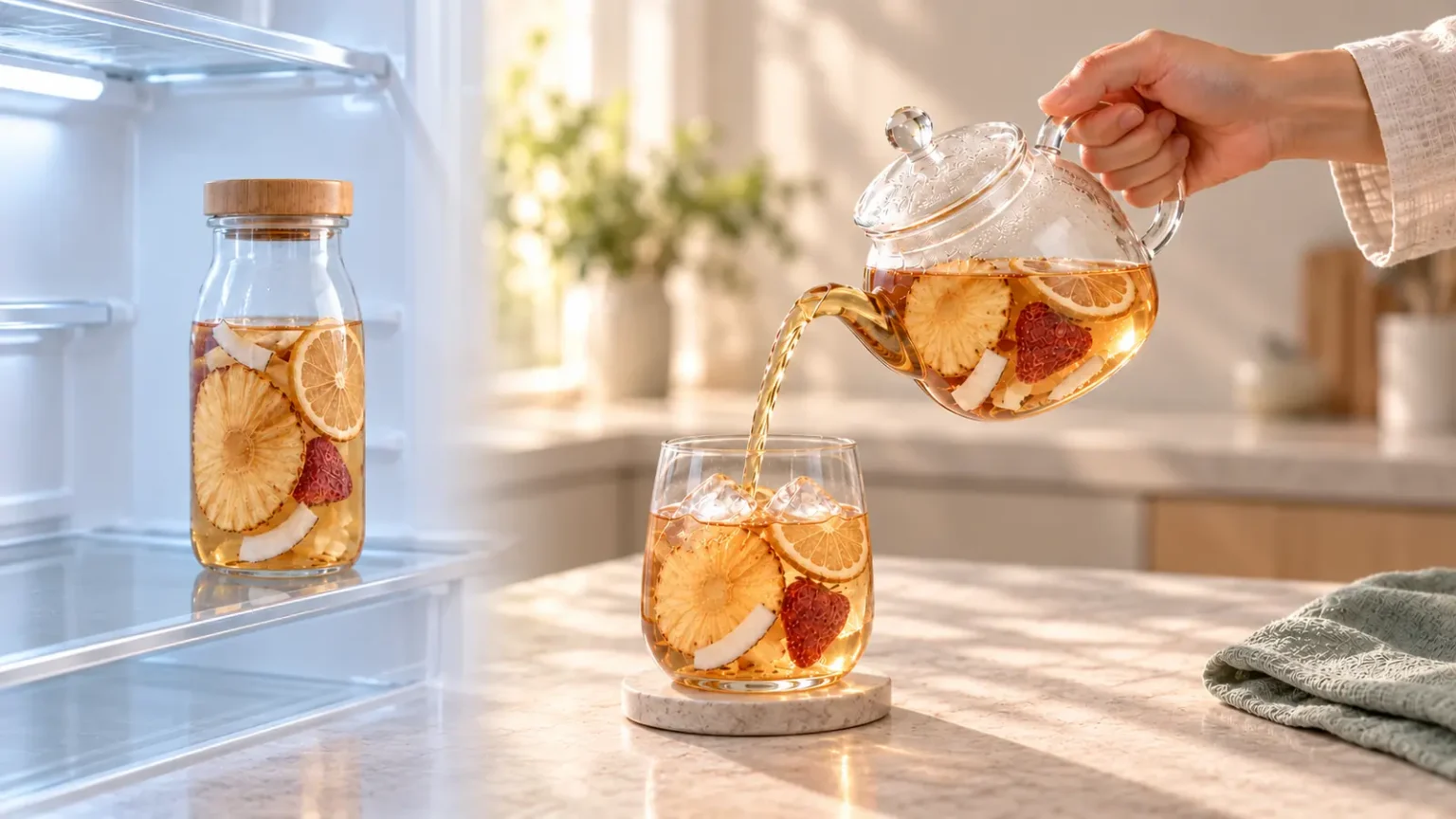 Cold brew fruit tea in a refrigerated bottle beside warm-brewed fruit tea poured over ice