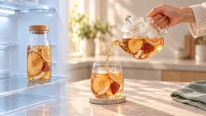 Cold brew fruit tea in a refrigerated bottle beside warm-brewed fruit tea poured over ice