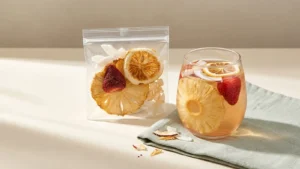 An individually packed Cozyslip fruit tea serving beside a prepared glass with visible fruit pieces.