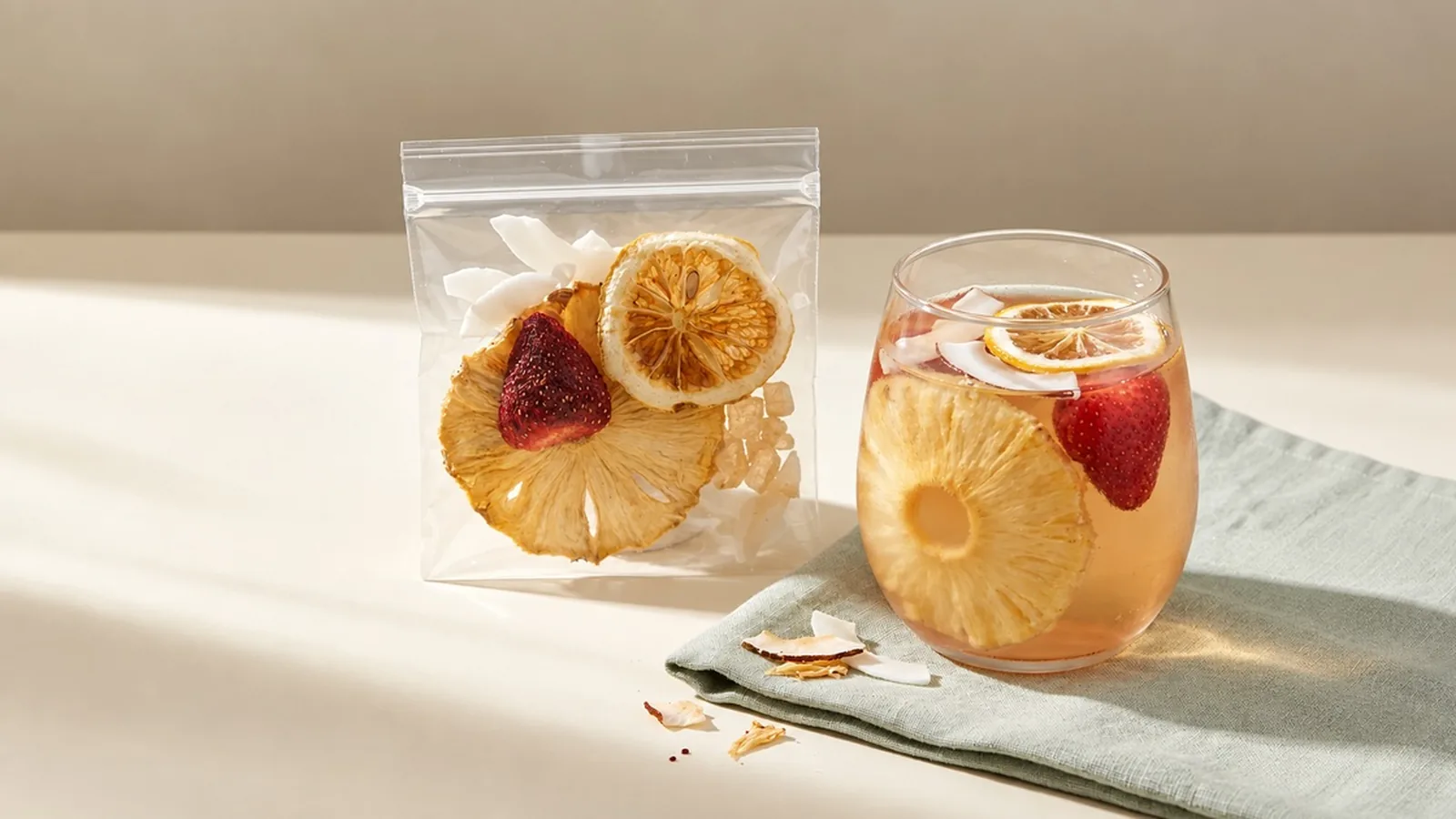 An individually packed Cozyslip fruit tea serving beside a prepared glass with visible fruit pieces.