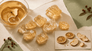Designed ingredient guide showing rock sugar crystals, fruit tea, and brewing context panels