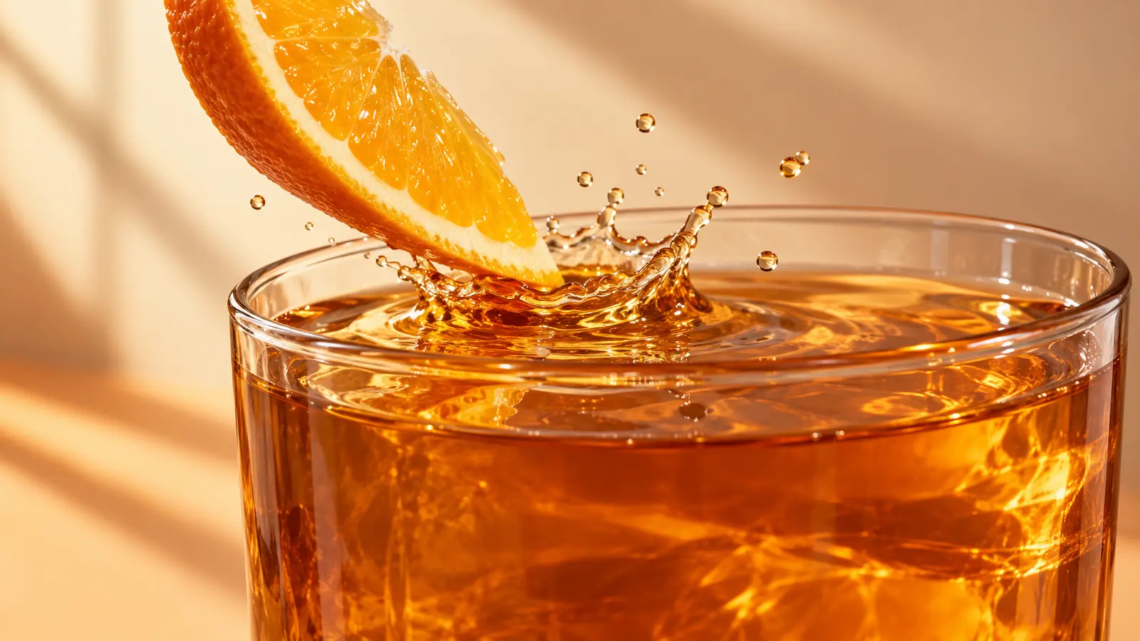 Fresh orange wedge splashing into amber tea in a clear glass
