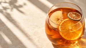 Overhead view of a clear glass of amber fruit tea casting a diagonal shadow